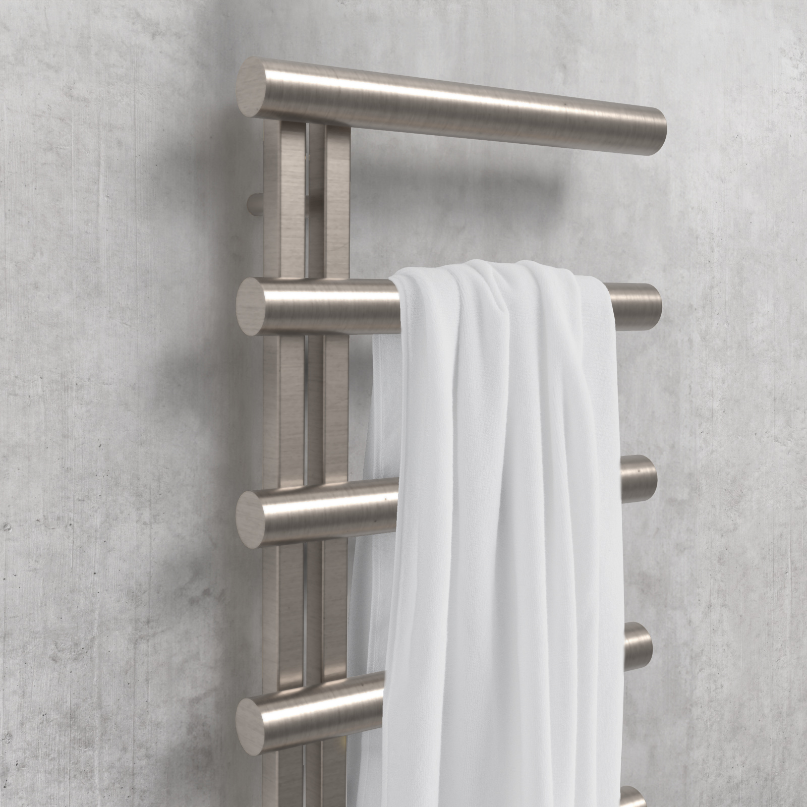 Chime, Studio Collection, new finishes, N211, straight PVD, brushed black chrome, concrete wall, Closeup, bathroom