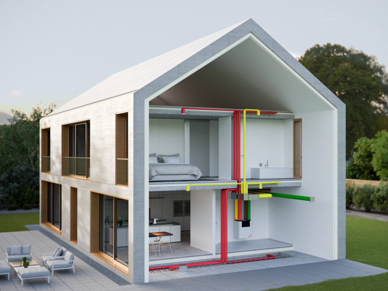 Zintegrowany system klimatyzacji wnętrz Model domu przedstawiający zintegrowane systemy ogrzewania, chłodzenia i wentylacji