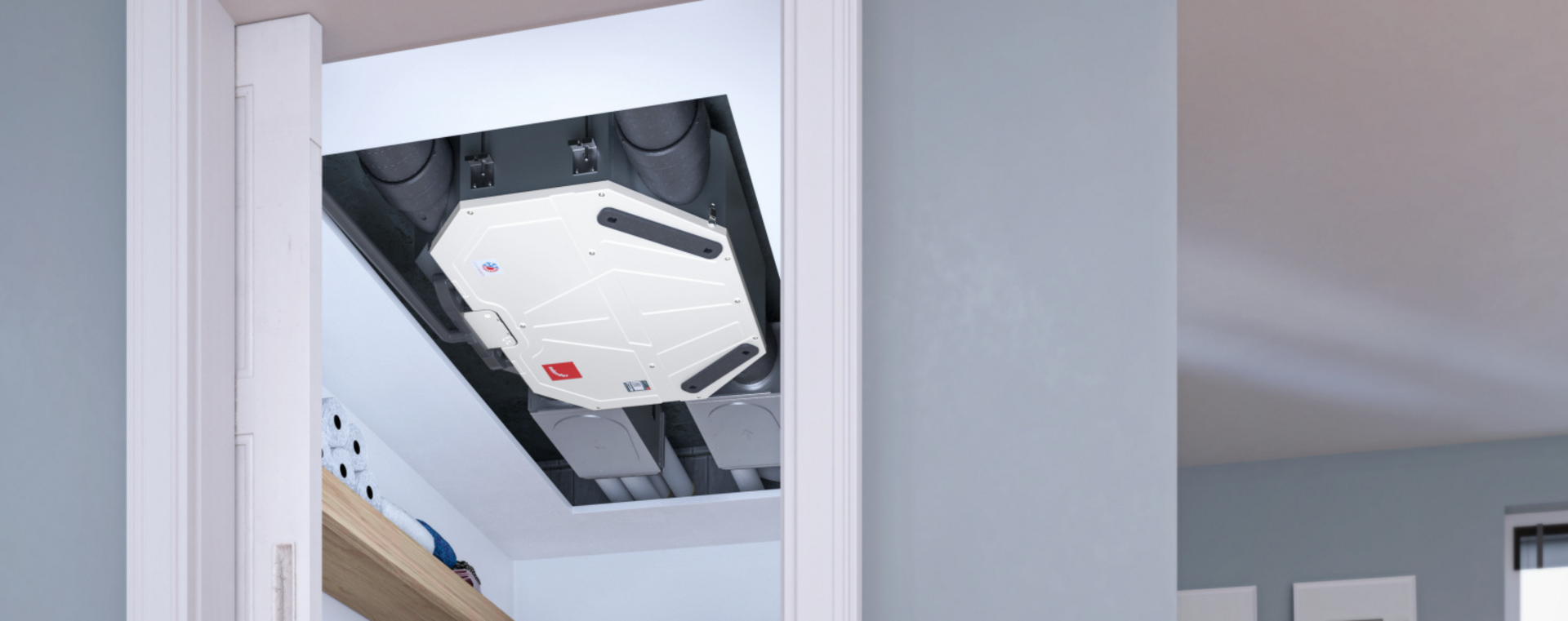 Rendering Zehnder ComfoAir Flex 250 Comfortable indoor ventilation Angled view