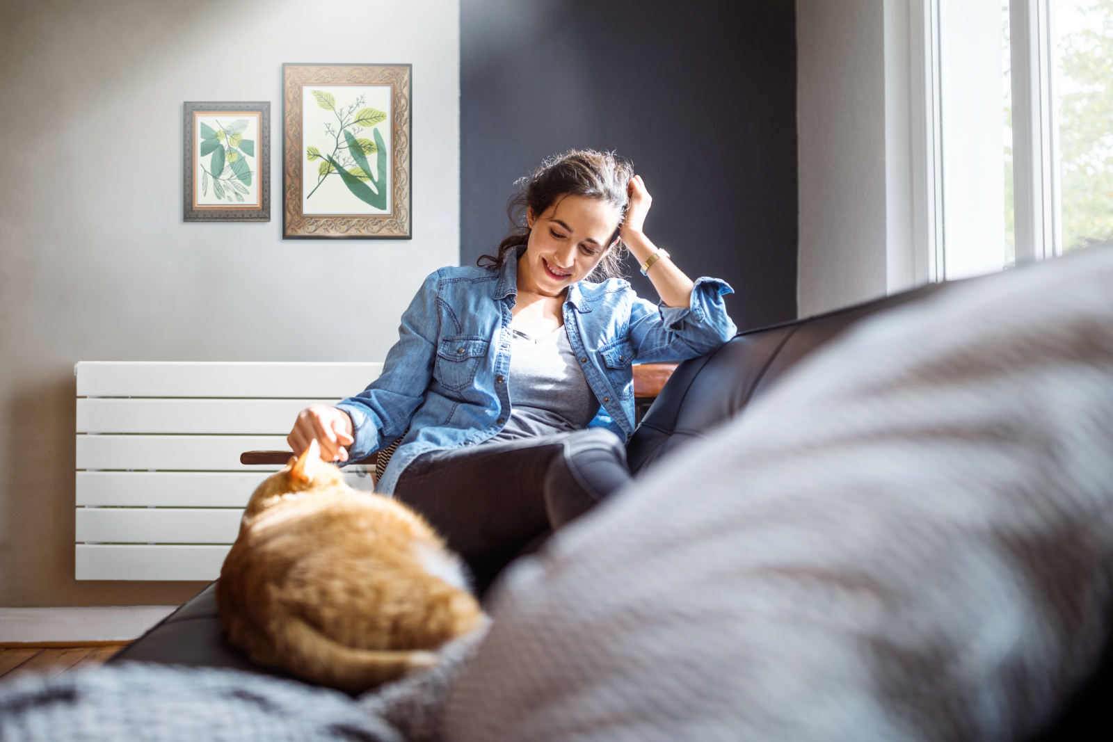 Zehnder_RAD_NovaNEO_Relax-HG.tif Beautiful young woman relaxing on sofa with her cat in living room.