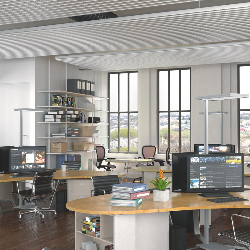 Rendering Zehnder ZFP Urban Heating and cooling ceilings Angled view