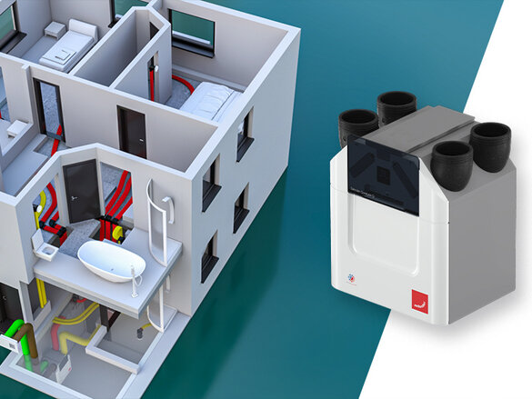 Rendering Zehnder ComfoAir Q350 TR Comfortable indoor ventilation Angled view
